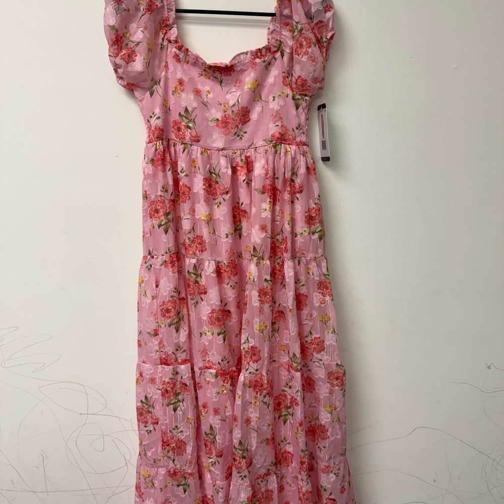 Girls' Pink Floral Tiered Puff-Sleeve Dress